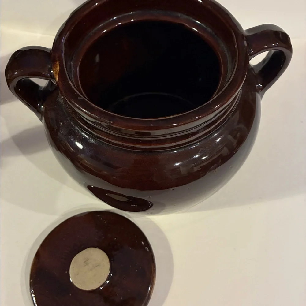 USA Pottery VTG Brown Glaze Bean Pot W/ Lid  Ceramic Soup Tureen Loop Handles